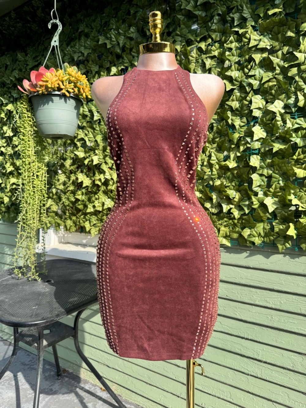Rhinestone Halter Faux Suede Dress